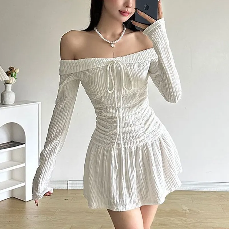 

Fashion Slim Folds Mini Dress Spring Autumn Elegant Slash Neck Female Clothing French Style Drawstring Solid Color Waist Dresses