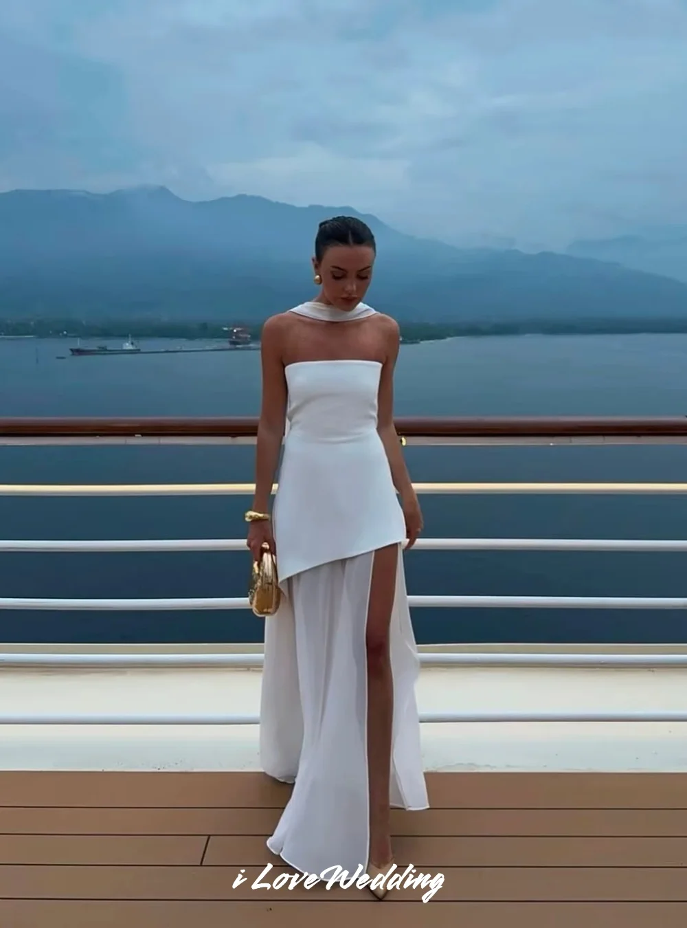 

White Strapless Evening Dresses 2025 Satin Chiffon Sleeveless Pleated A-Line Side Split Dresses For Special Occasions Customized