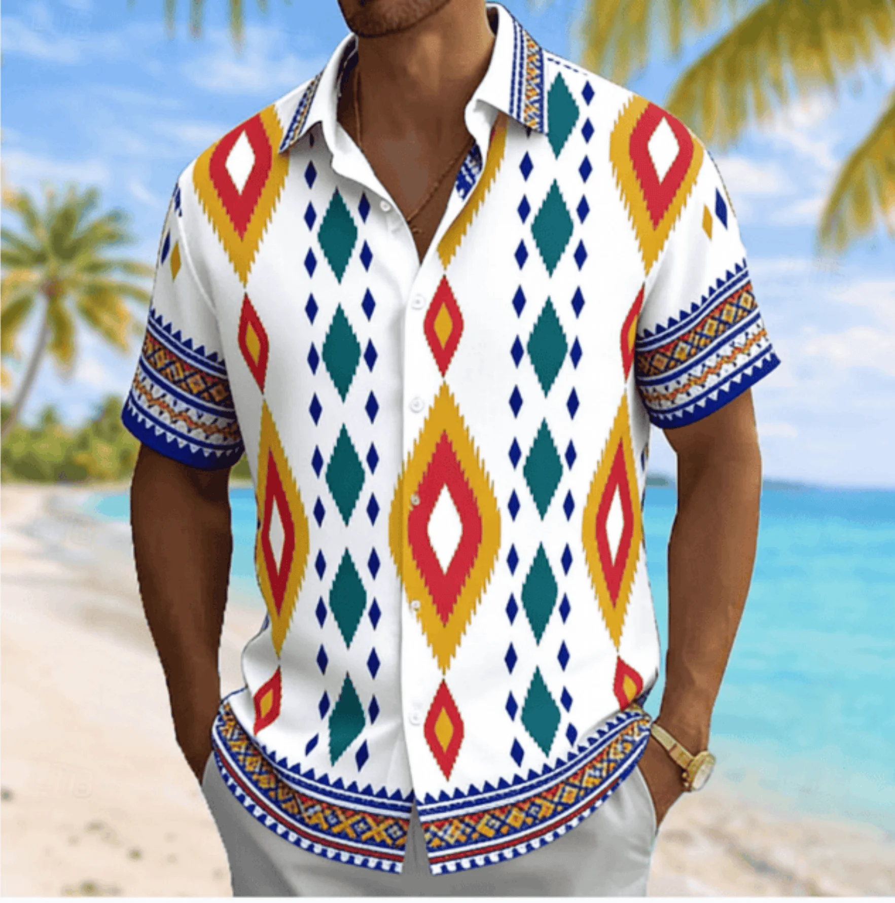 

Men's Ethnic Diamond Geometric Print Short Sleeve Shirt, Spring Summer Casual Vacation Turn-Down Collar Blouse, Loose Fit Top