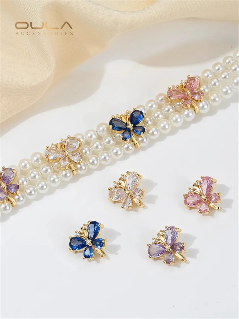 14K Gold Zircon Butterfly Three-Row Pearl Separator DIY Handmade String Bracelet/Necklace Set Jewelry Making Accessories