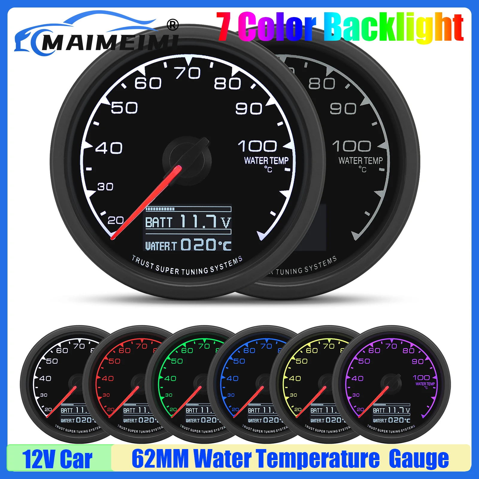 

MAIMEIMI 62MM Water Temperature Gauge with Sensor 20~120℃ Water Temp Meter Indicator Bracket for Petrol Racing Car 12V 7 Color