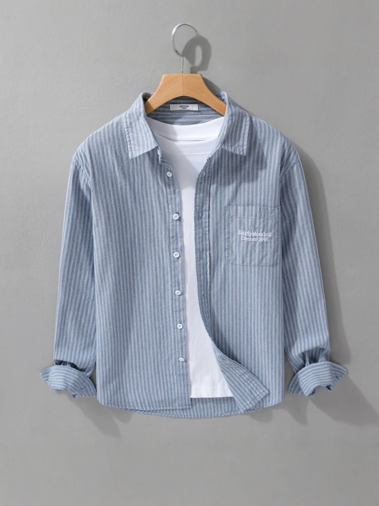 

Premium Feel Embroidered ket Striped Long Sve Casual Loose Men's irt Trendy Outerwear Breathable Polyester Fiber