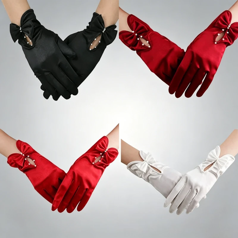 Elegant Bridal Satin Gloves Bow Pearl Decorated Short Elastic Gloves for Wedding Evening Party Accessories Women Photograph Prom