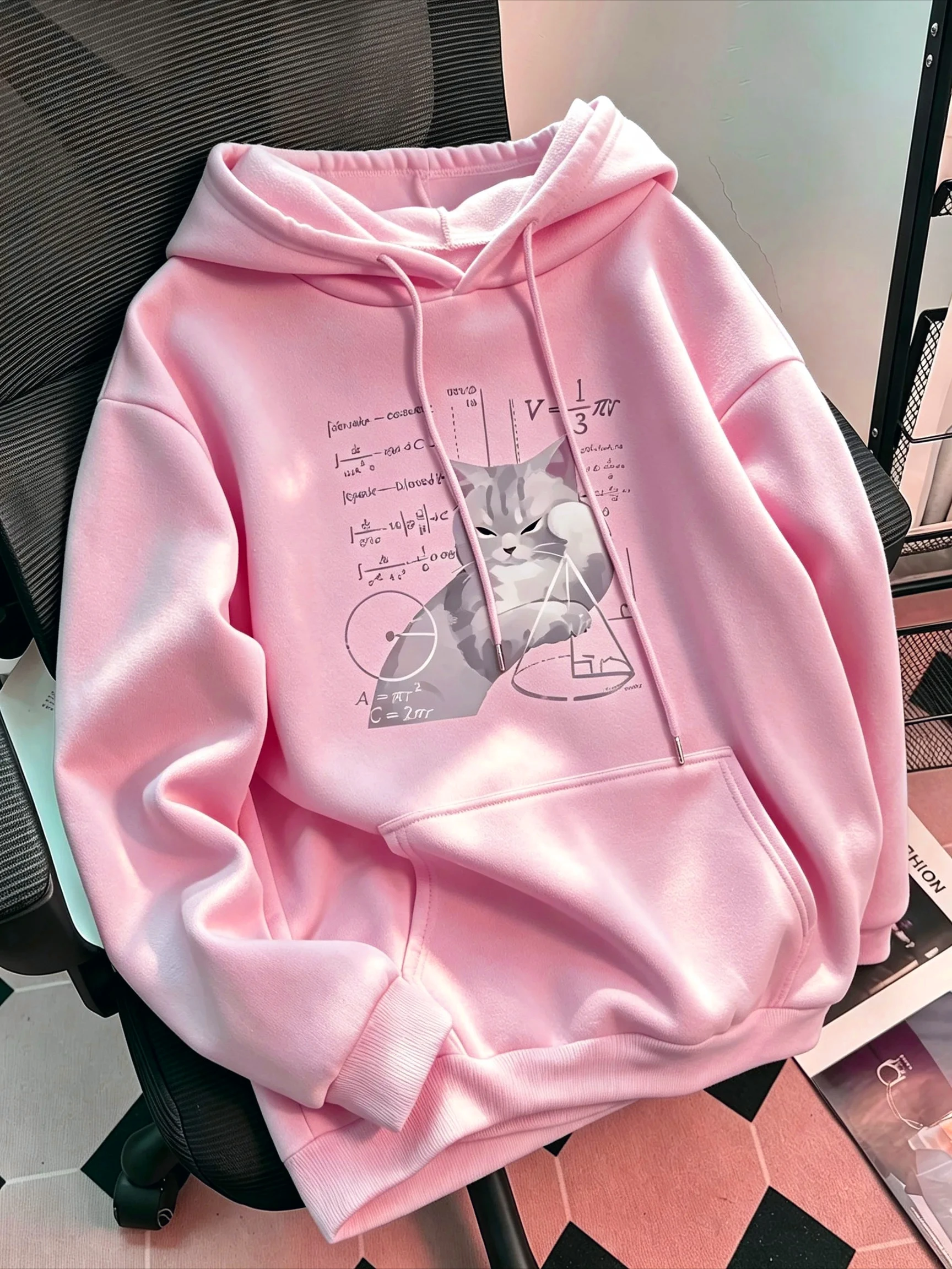 Lustiger Damen-Kapuzenpullover mit langen Ärmeln und Aufdruck "Katze und Mathematische Formel", lockerer, lässiger Alltags-Sweatshirt-Hoodie für Frauen. – Detail 5