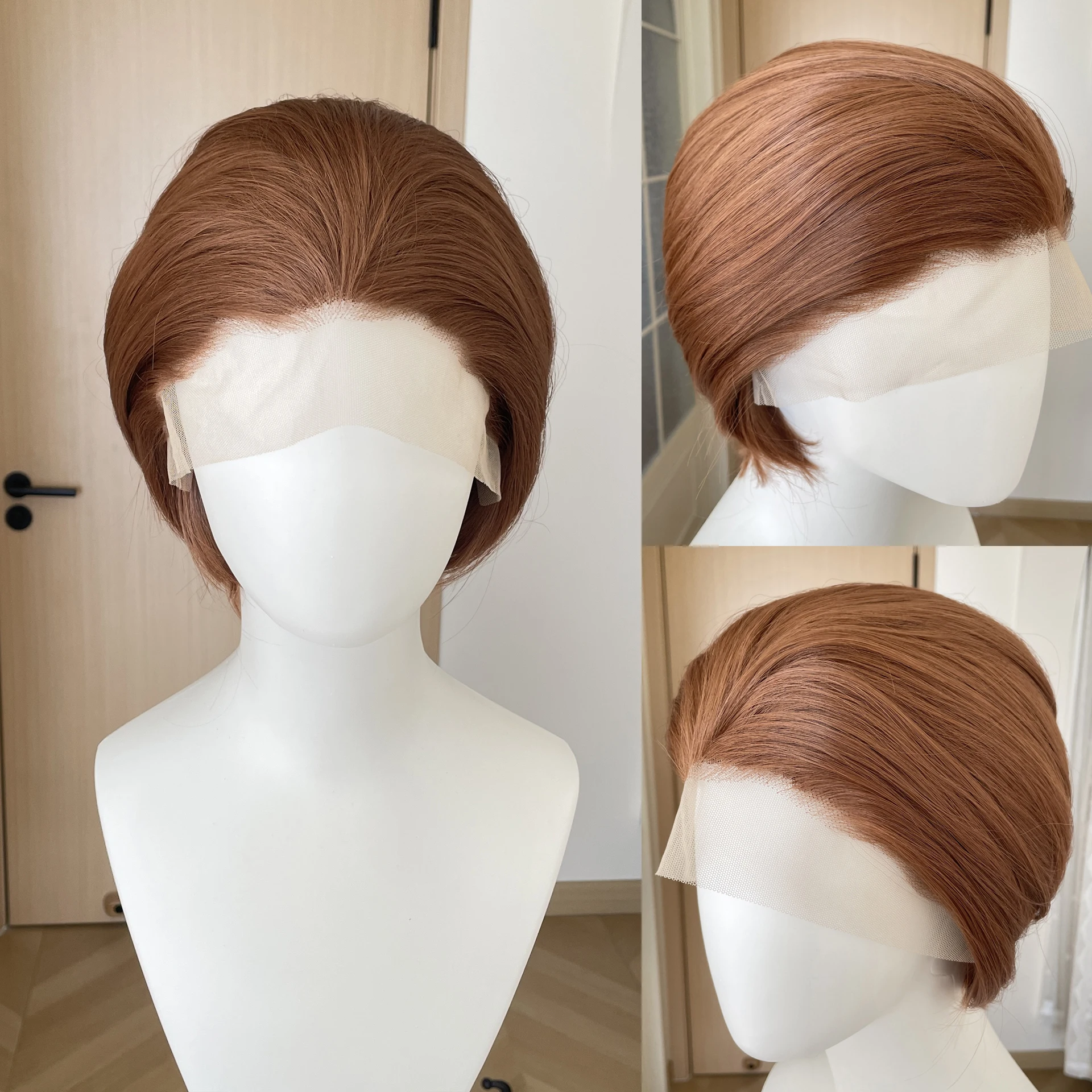 Perruques synthétiques courtes brunes naturelles coupe bob pour femmes, perruques de cosplay pour hommes, perruques frontales en dentelle 13x4 sans colle avec ligne de cheveux, semi-nouées à la main