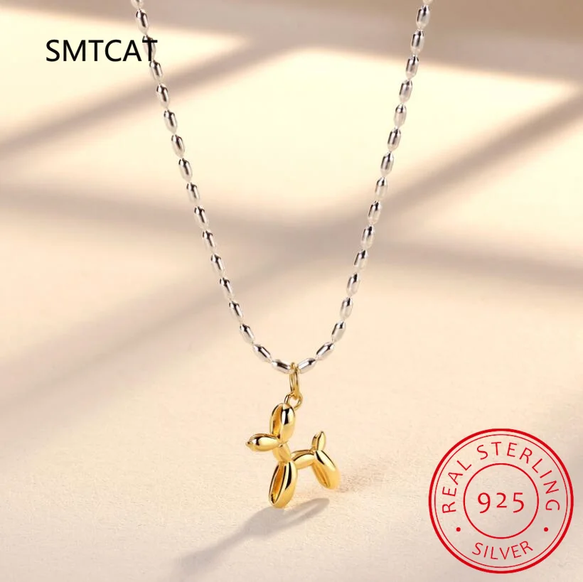 925 Sterling Silver Cute Balloon Dog Pendant Necklace Platinum Plated Neck Chain for Women Birthday Day Gift SCN506