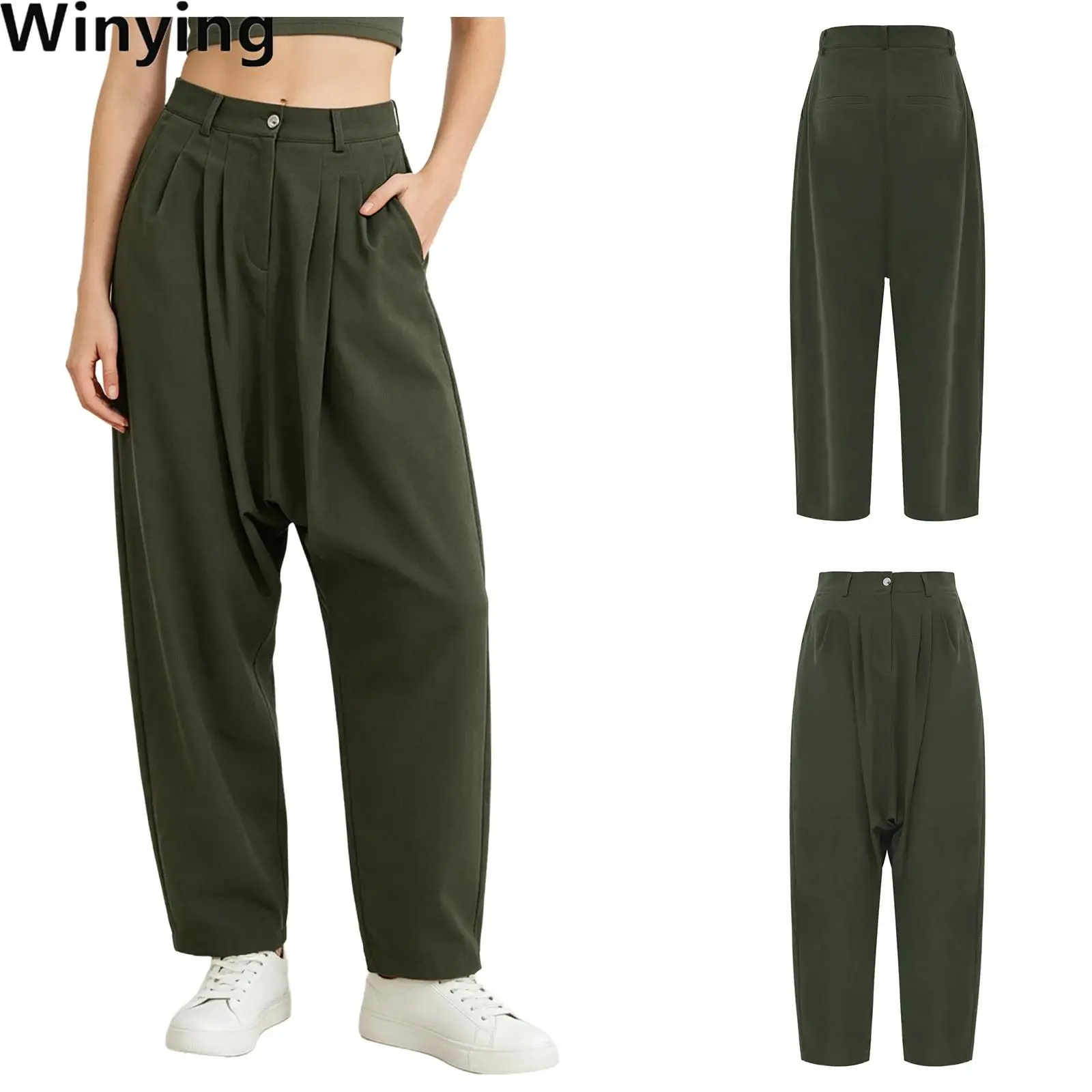 Women Elastic Waist Baggy Pants Palazzo Harem Pants Drop Crotch Front Pleated Casual Barrel Trousers with Side Pockets