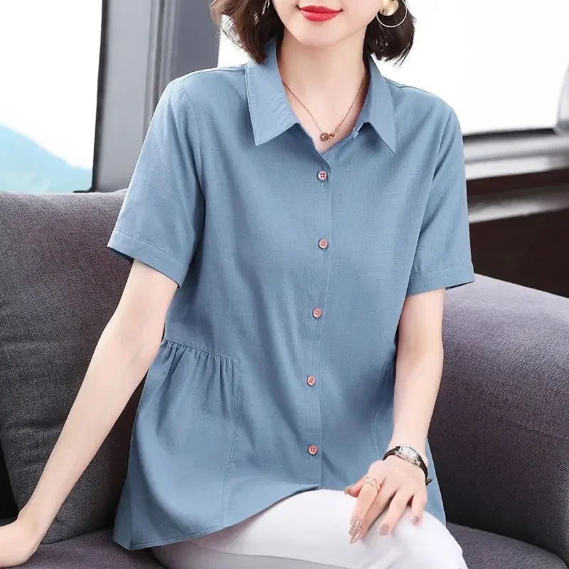 

Women's Clothing Short Sleeve Shirt New Summer Loose Solid Color Blouse Lapel Button Shirring Fashion Elegant Office Lady Tops