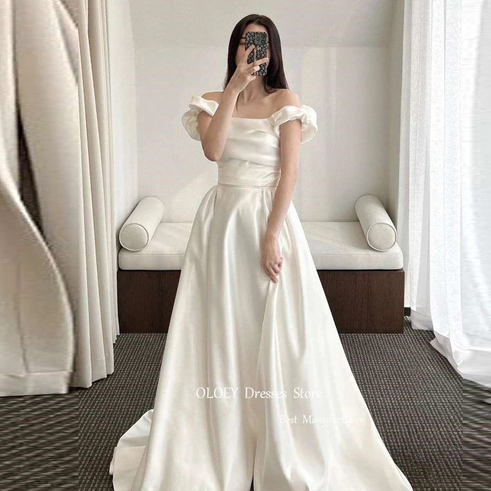 OLOEY Simple Off the Shoulder Soft Satin Korea Wedding Dresses Photo shoot Sleeves Floor Length Bridal Gowns Lace Up Back