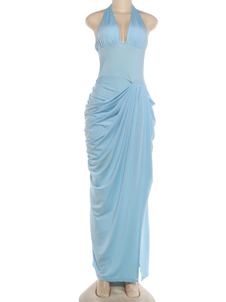 Nibber Elegantes Rückenfreies Kleid für Bankette und Partys, Sexy Mode mit Neckholder, Tiefem V-Ausschnitt, Gerafftem Patchwork und Hohem Schlitz, Schlichtes Bodycon-Kleid – Detail 3