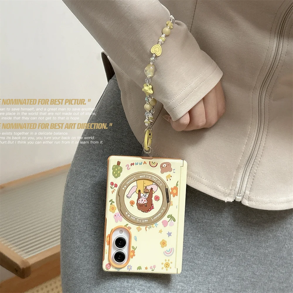 Cute Cartoon Girl Case For Samsung Galaxy Z Fold8 Hinge Kickstand Colorful Heart Bead Chain Shockproof Hard Cover For Girls