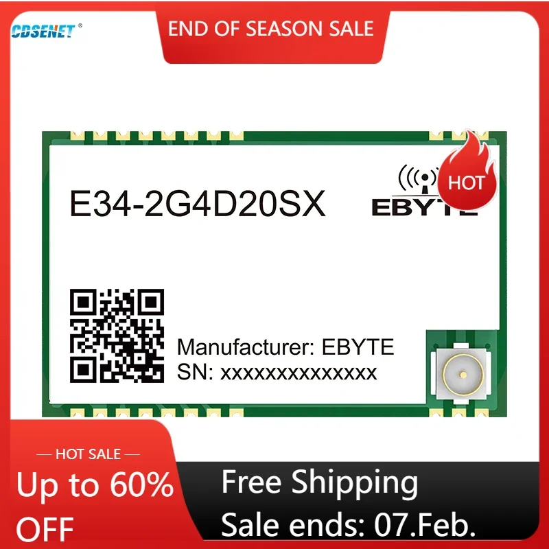 2.4G Full Duplex High Speed Low Delay Wireless Module CDSENET E34-2G4D20SX 20dbm 2KM UART IPEX/Stamp Hole TTL Serial Port RF