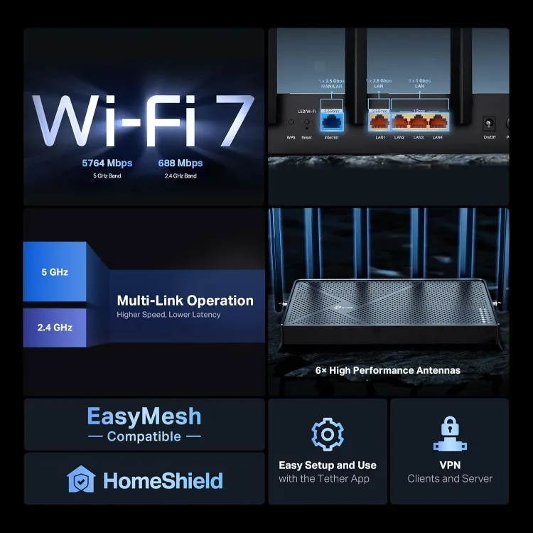 Двухдиапазонный Wi-Fi-маршрутизатор Archer BE6500 (Archer BE400) |   Двойные порты USB 3.0 2,5 Гбит/с |   Обложки до 2,400 кв. ft и 90 D
