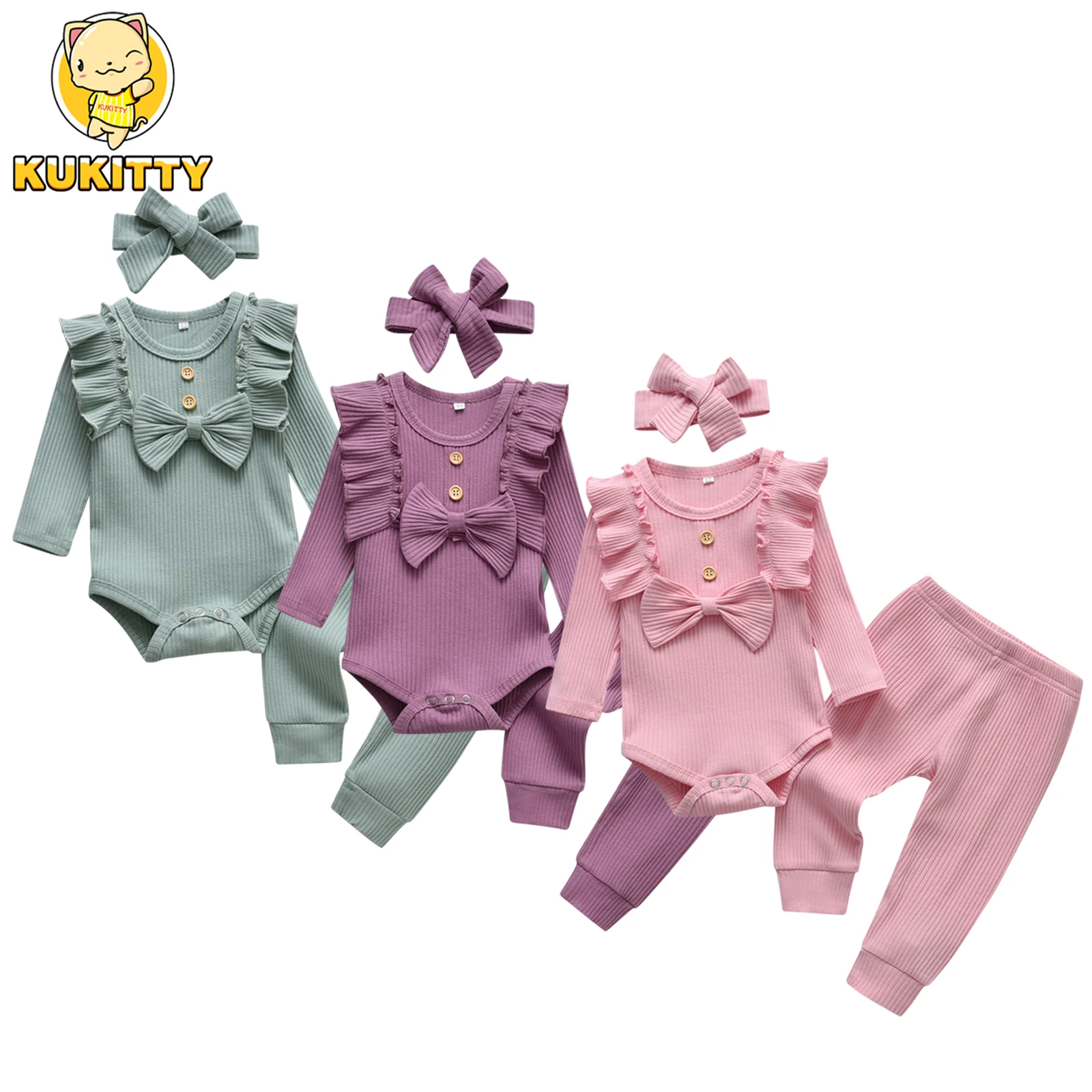 3pcs Newborn Baby Girl Casual Clothes Set Ruffles Knitted Long Sleeve Bodysuit + infant Pants + Headband Solid Color Outfits