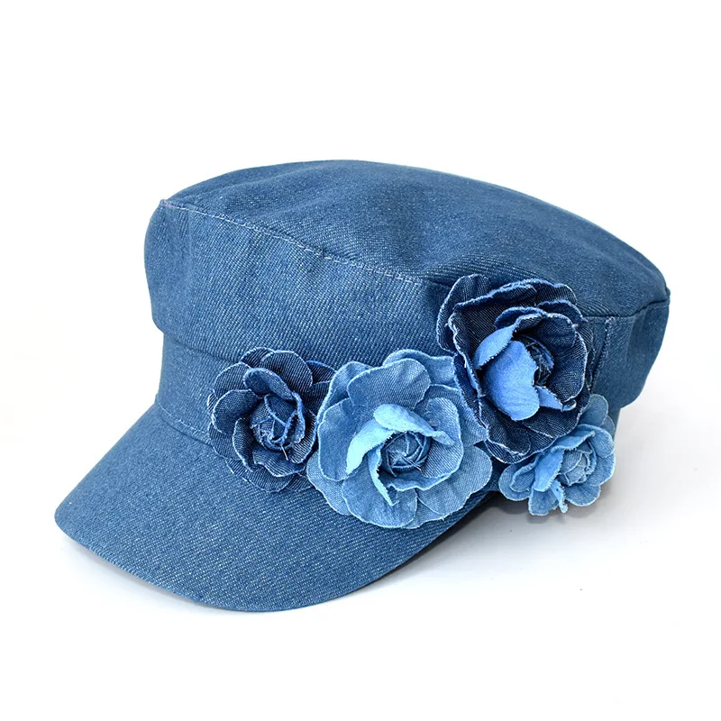 Modische Denim-Baskenmütze mit dreidimensionaler Blume, flacher Schirm, Sonnenhut, Gesichtsverkleinernd, Outdoor-Damen-Kapitänsmütze im Militärstil