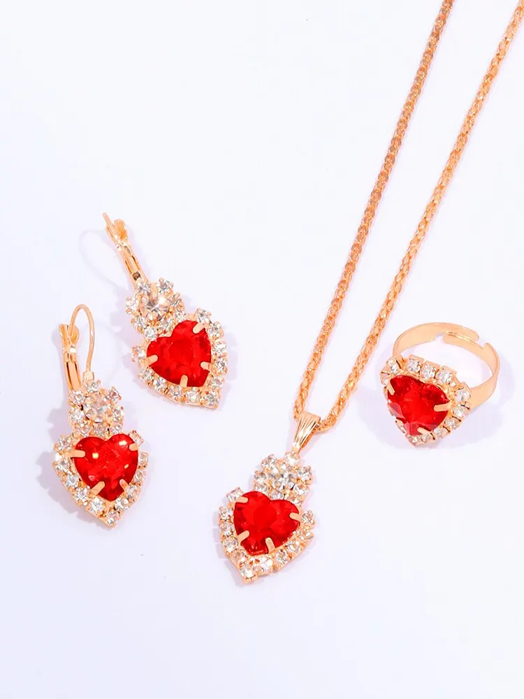 5pcs Fashion Trend Love Diamond Set Women\'s Red Belt Quartz Watch+Pendant Necklace+Earrings+Ring Combination Set, Gift Set