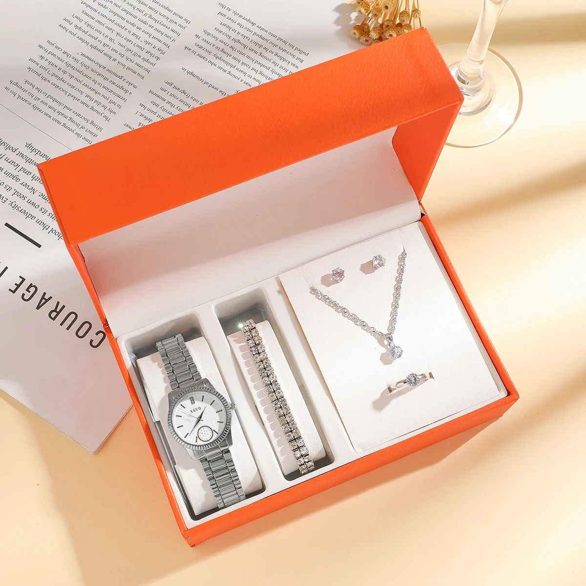 Montre à Quartz pour femmes, cadran rond de luxe léger à la mode, bracelet en alliage, ensemble de 6 bijoux en diamant, adapté au Thanksgiving et au Chr