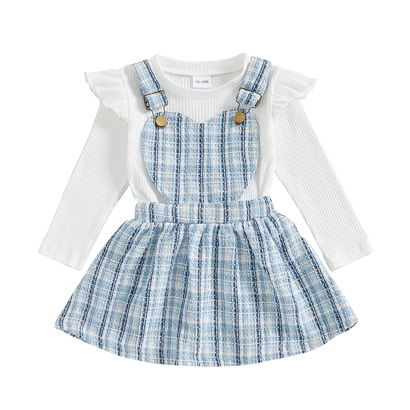 

Pudcoco Infant Baby Girls Autumn 2PCS Skirt Outfits Long Sleeve Ruffle Ribbed Tops Plaid Suspender Skirt Set 6M-3T