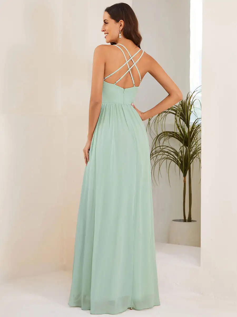 Elegant Evening Dress Spaghetti Straps Slit With Ruffle Detail Ever Pretty 2024 of Chiffon A-Line Mint Green Bridesmaid Dress