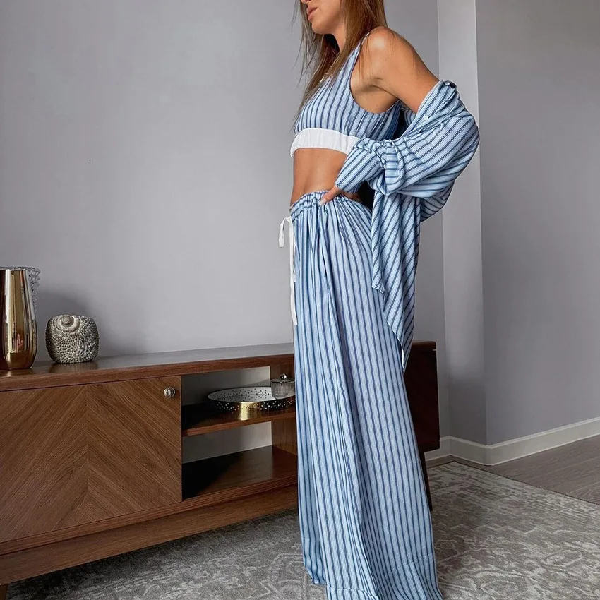 2024 Blue Striped Printed Women's Loungewear Vest Cardigan Long Sleeve Long Pants Pajamas 3-Piece Set Sleepwewar for Sleeping