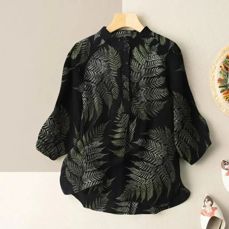 2023 Oversize Cotton Linen Blouse Vintage Leaf Print Button Tops Women Fashion 3/4 Sleeve Blusas Female Boho Elegant Tunic Shirt