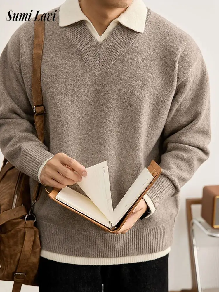 

Модный двухслойный свитер поло для мужчин, осень-зима, повседневные лоскутные рубашки поло, мужские винтажные вязаные пуловеры с лацканами, топы