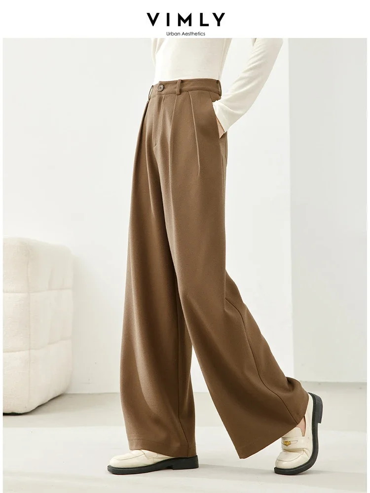 Vimly Coffee Baggy Pants for Women 2023 Winter Elegant Business Wide Leg Dress Pant Solid Straight Loose Casual Trousers M5582