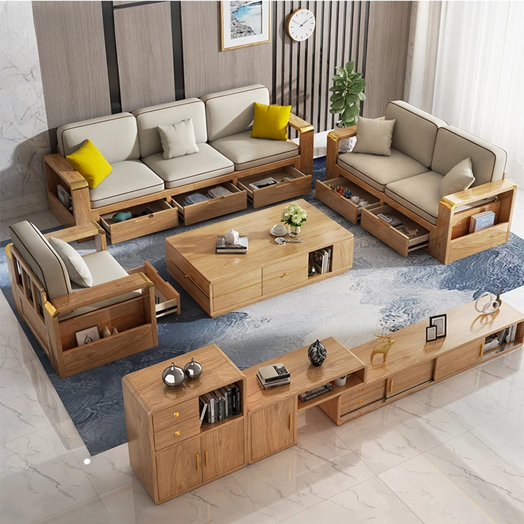 Wood Sofa Armrest Living Room Sofa Set Furniture with Wooden Rural Recycled Solid Customized Logo Sala Set Modern 10 Pcs