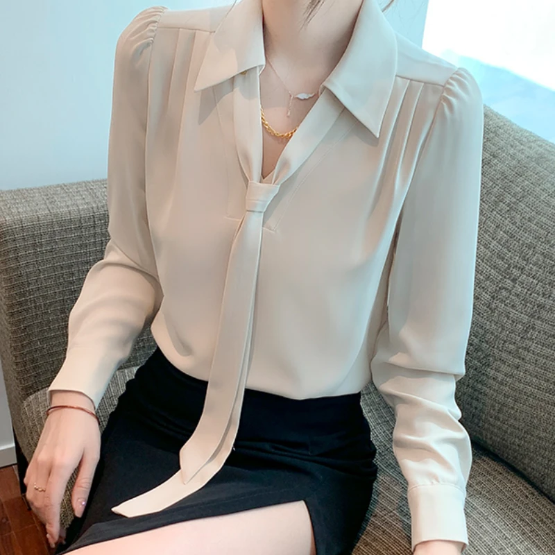 Dropshipping Office Ladies Tops Chiffon Blouses for Women Clothing Fashion Elegant Bow Females Long Sleeves Shirts Solid Spliced