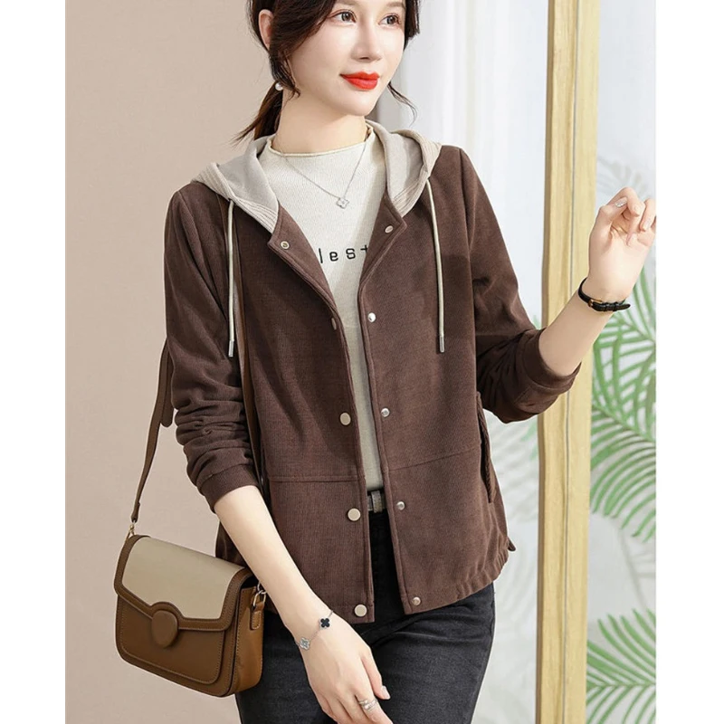 

2024 New Mom Women's Short Hooded Coat Western-style Ladies Middle-aged Elderly Spring Autumn Overcoat Casual Loose Jacket Top