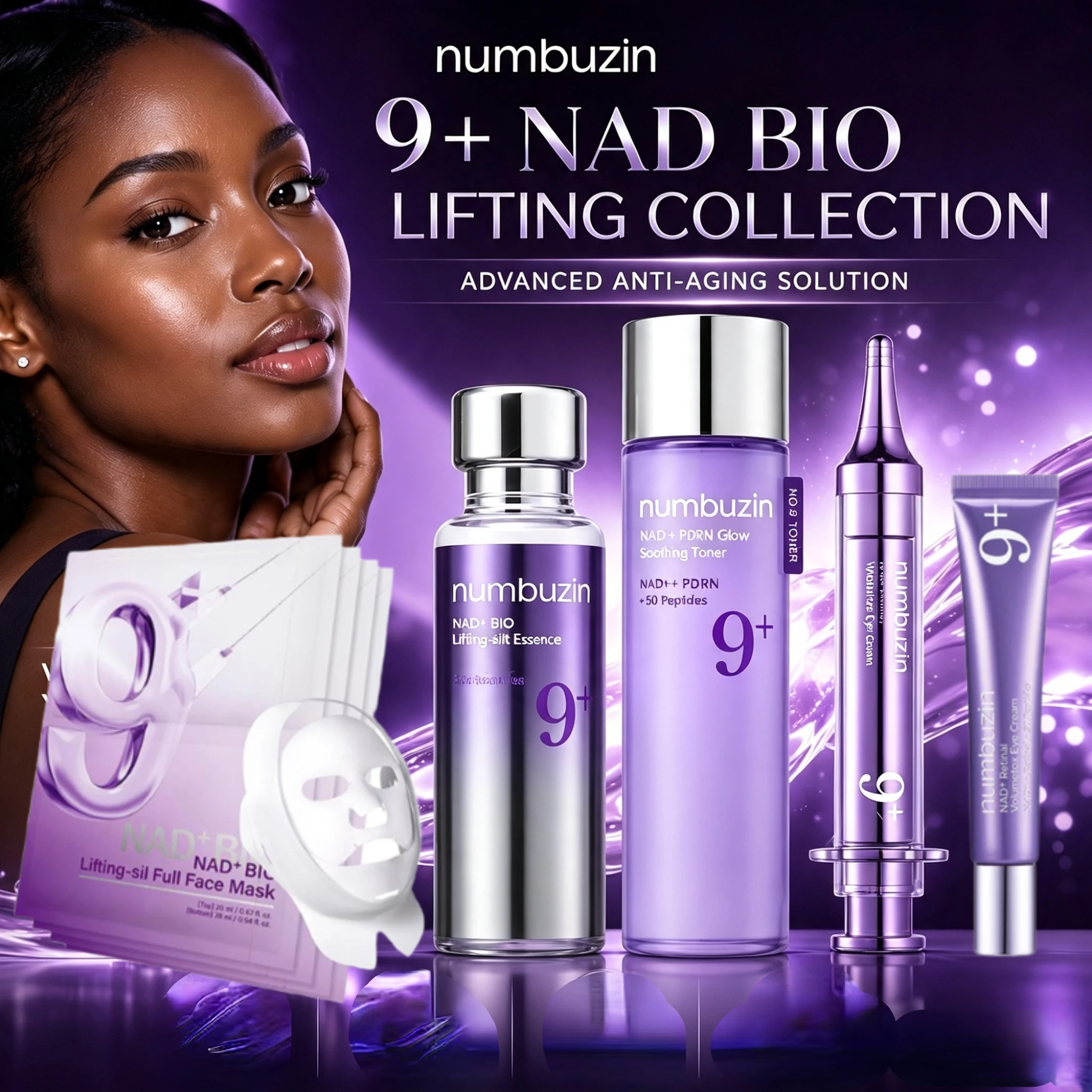 Kit de Cuidados com a Pele Numbuzin NO.9 NAD+ com Tônico PDRN, Essência BIO Lifting, Creme para Olhos com Retinal, Máscara Facial Anti-Rugas, Beleza Coreana