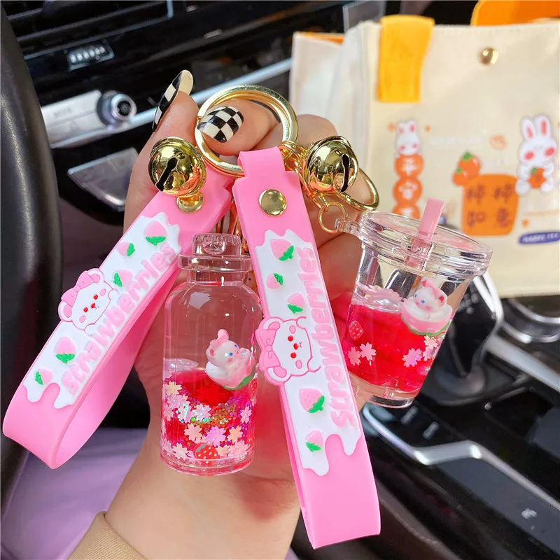 Cartoon Liquid Strawberry Teacup Bear Milk Tea Cup Key Chain Female Sweet Floating Sakura Sequin Quicksand Drift Bottle Keyring