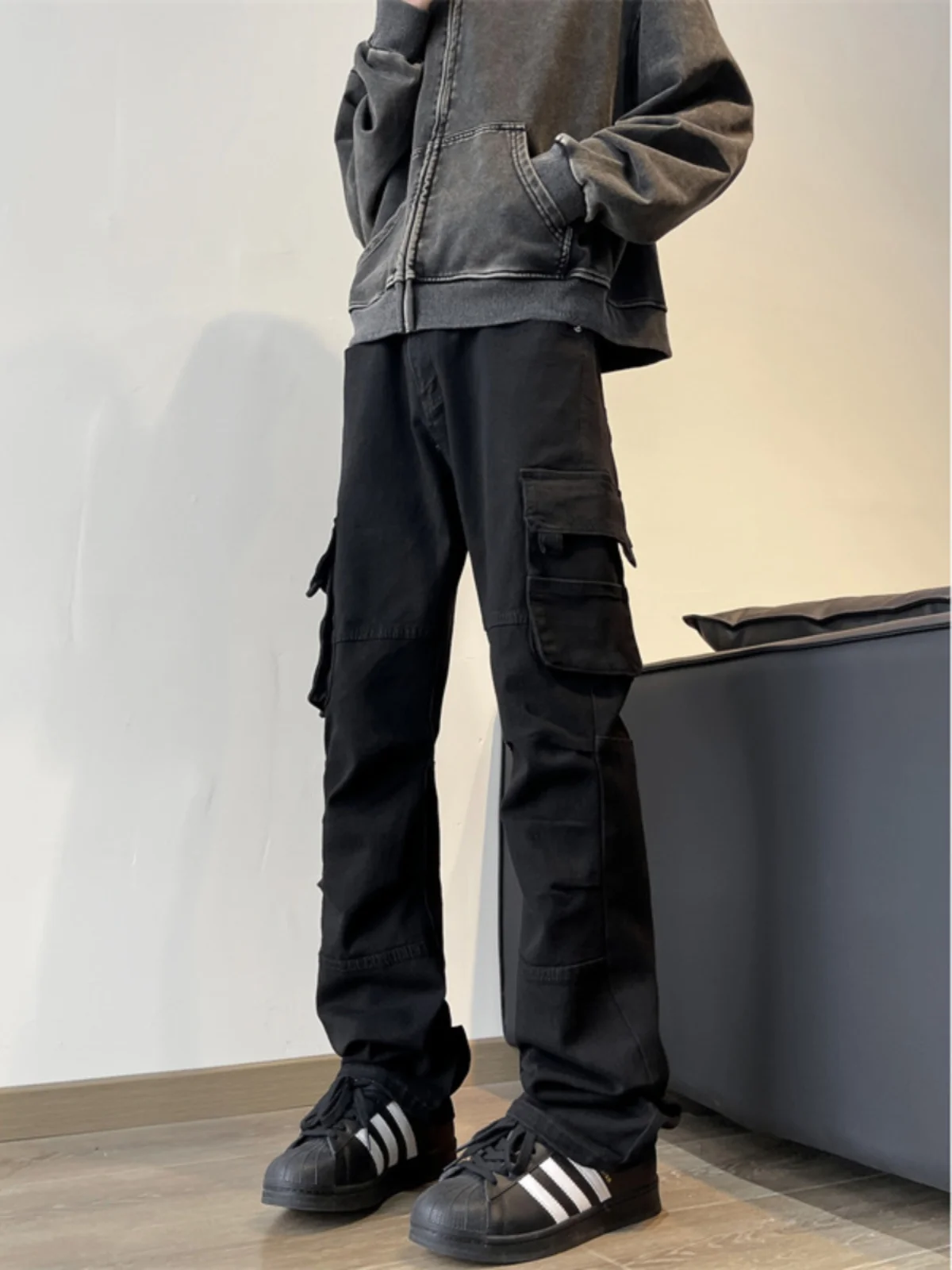 

Black Workwear Jeans Men's High Street Autumn Winter Straight Leg Bell Bottom Casual Long Trousers Trendy Brand American Vibe