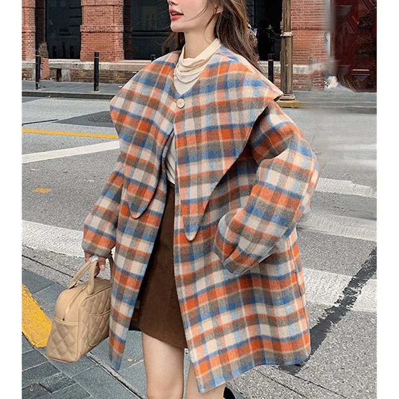 

Retro Female Leisure Cardigan Woolen Outwear Women Fashion Plaid Shawl Jacket Autumn Winter Ladies Navy Collar Wool Blend Coat