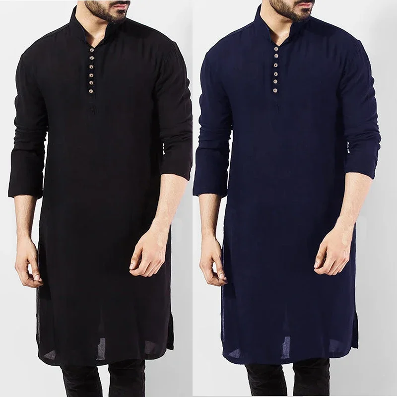 KALENMOS Muslimische Männer Casual Shirt Baumwolle Langarm Stehen Kragen Shirts Vintage Lange Tops Indische Kleidung Pakistanischen Ropa S-5XL