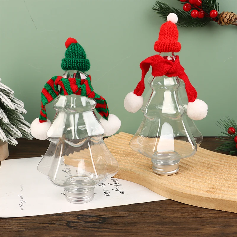 1Set 400ml Christmas Tree Plastic Bottles With Lid Creative Hat Scarf Decor Transparent Drink Beverage Container Party Decor