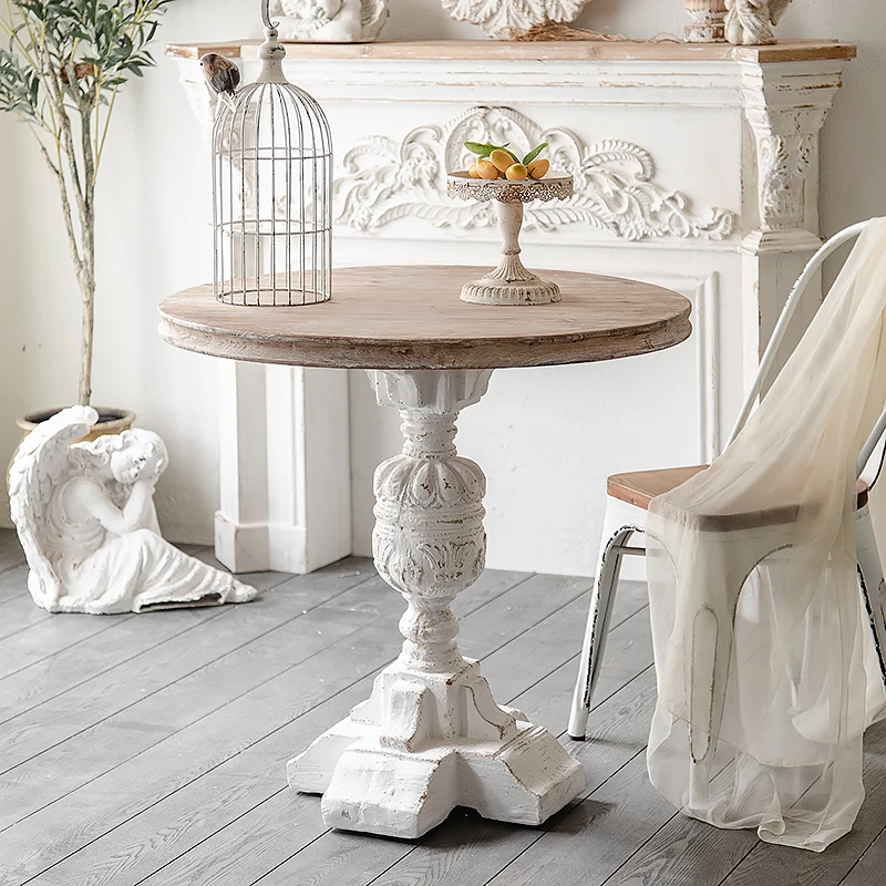 

European French Retro Carved Round Table Dining Table Household Living Room Balcony Coffee Table Round Casual Coffee Te Old