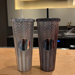 Double Wall 710ml Plastic Diamond Tumbler Bling Diamond Studded Straw Cold Tumble Durian Cup With No Logo Ab Color 24oz 2colors