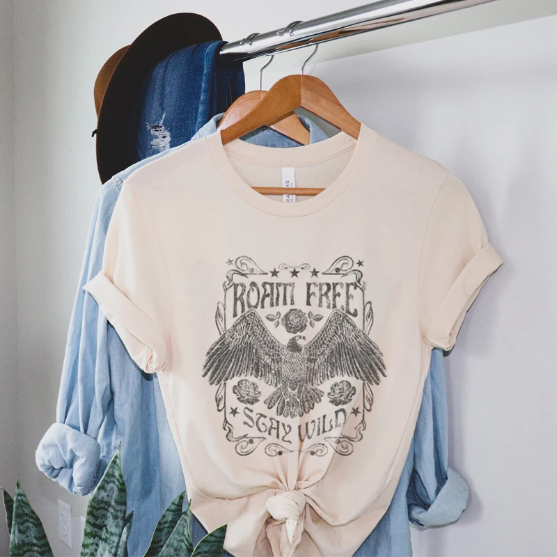 Roam Free Eagle Print Graphic Tees Women Vintage Hiking Travel T Shirt Hippie Boho Wanderlust T-Shirts Retro Western Shirt Tops