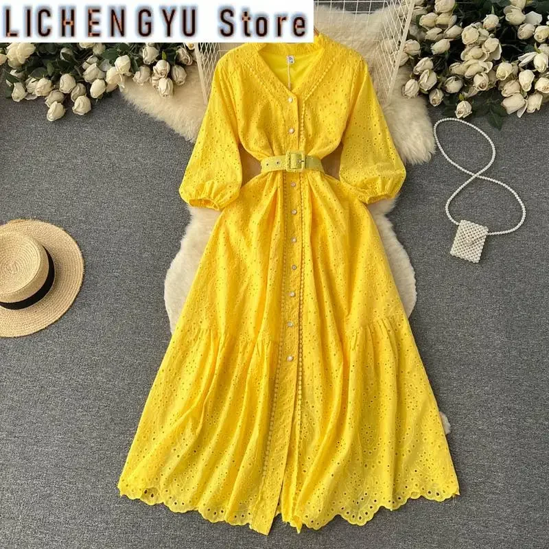 

Женское однобортное платье-трапеция, ажурное однотонное платье с коротким рукавом, зима-весна