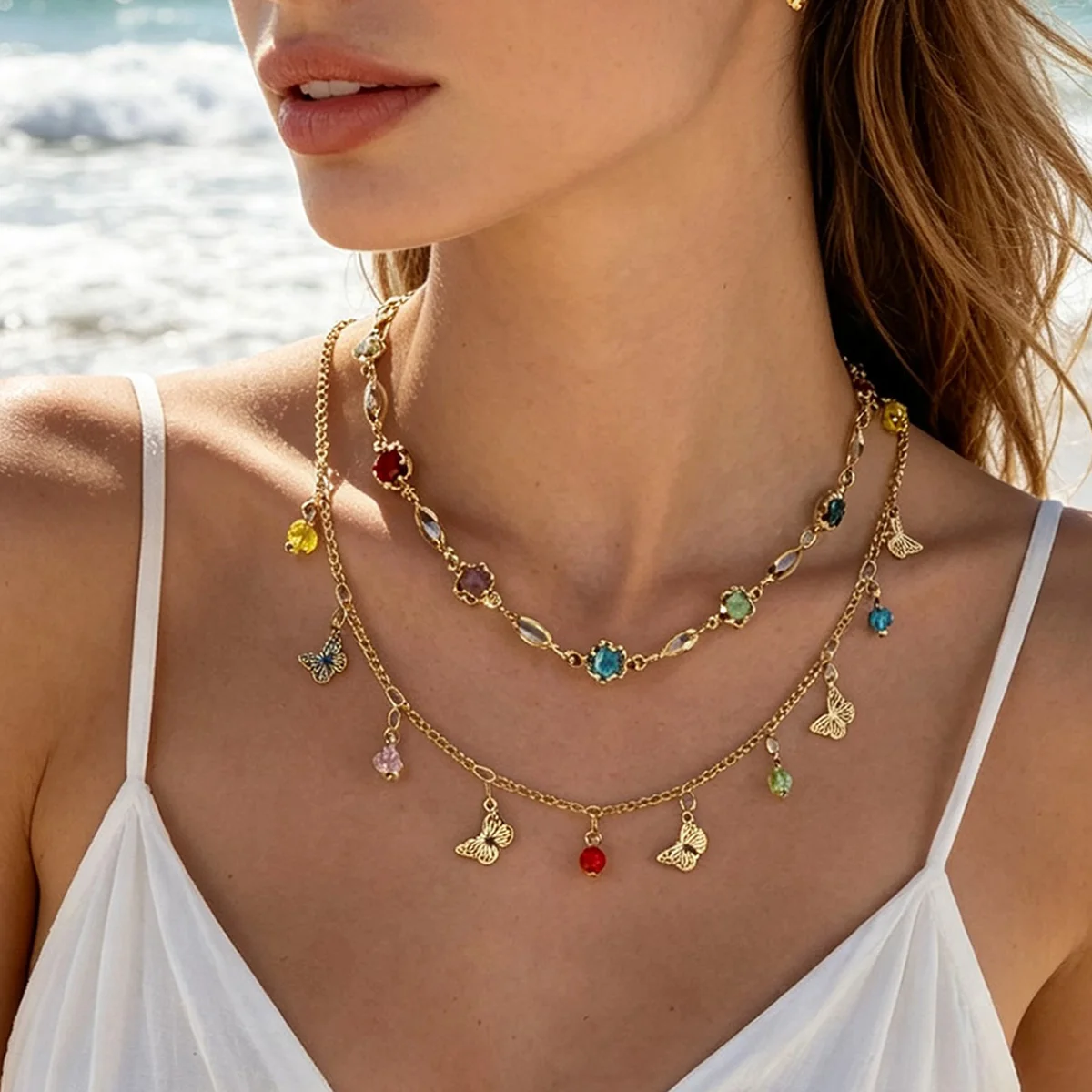 Docona Bohemian Colorful Butterfly Pendant Necklace Geometric Rhinestone Pendant Women's Seaside Vacation Versatile Accessories