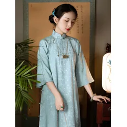 Chinese Vintage Blue Jacquard Big Sleeves Dress Qipao Women Traditional Loose Cheongsam Dresses Sweet Girls Party Evening Dress