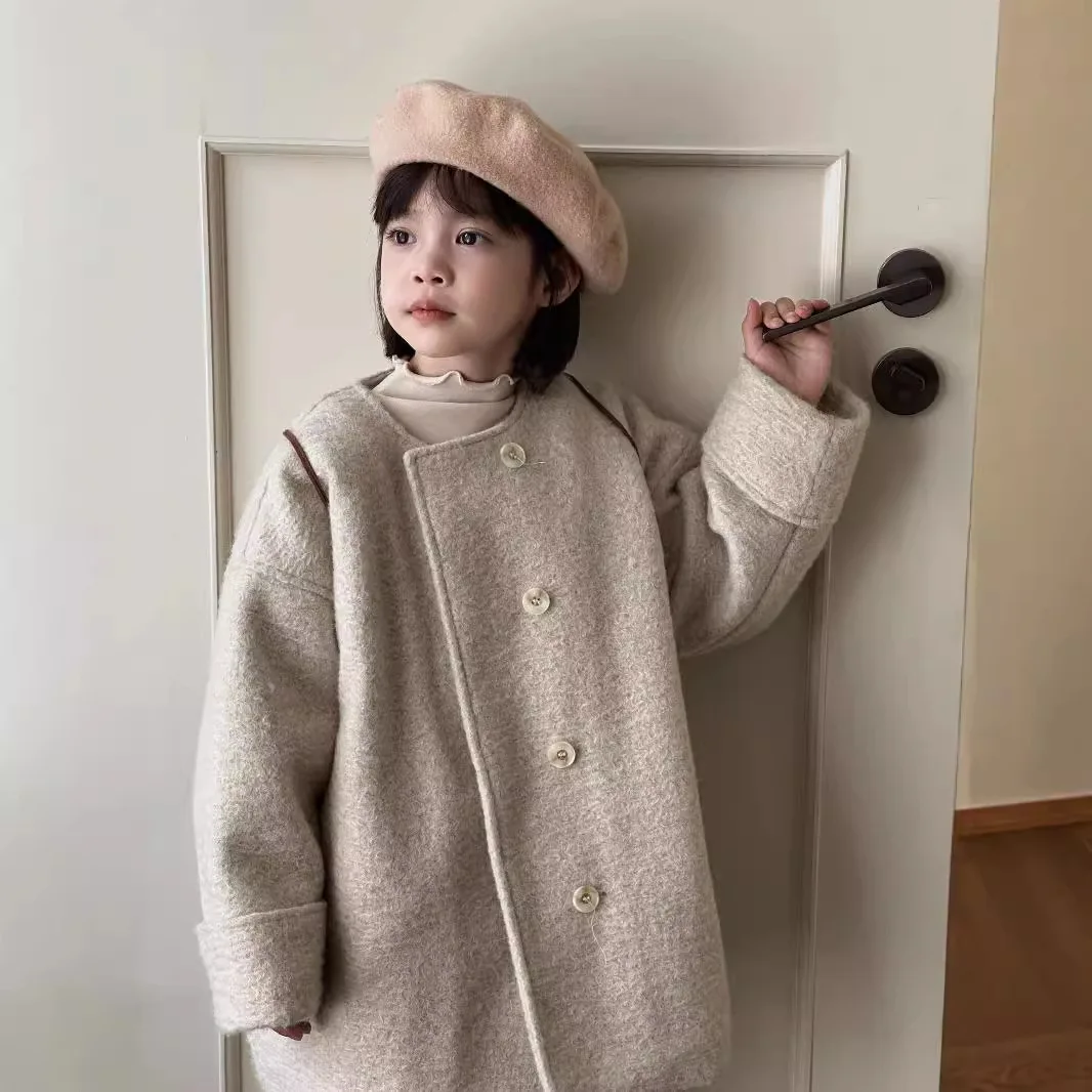 Childrens Woolen Coat Autumn and Winter New Korean Edition Fashionable Retro Style Woolen High Grade Coarse Floral Coat