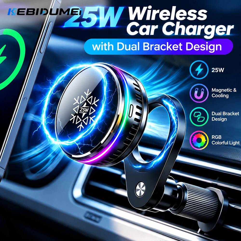 KEBIDUMEI 25W Wireless Car Charger Cooling Magnetic Dual-Head Rotatable Phone Holder RGB Ambient Light Wireless Charging Mount