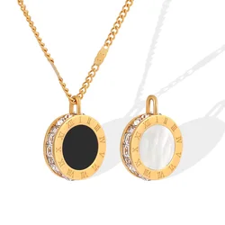 Two-sided Two-color Roman Numerals Round Pendant Natural Shell Necklace High Quality Fashion Jewelry Gifts For Women Girls Kid