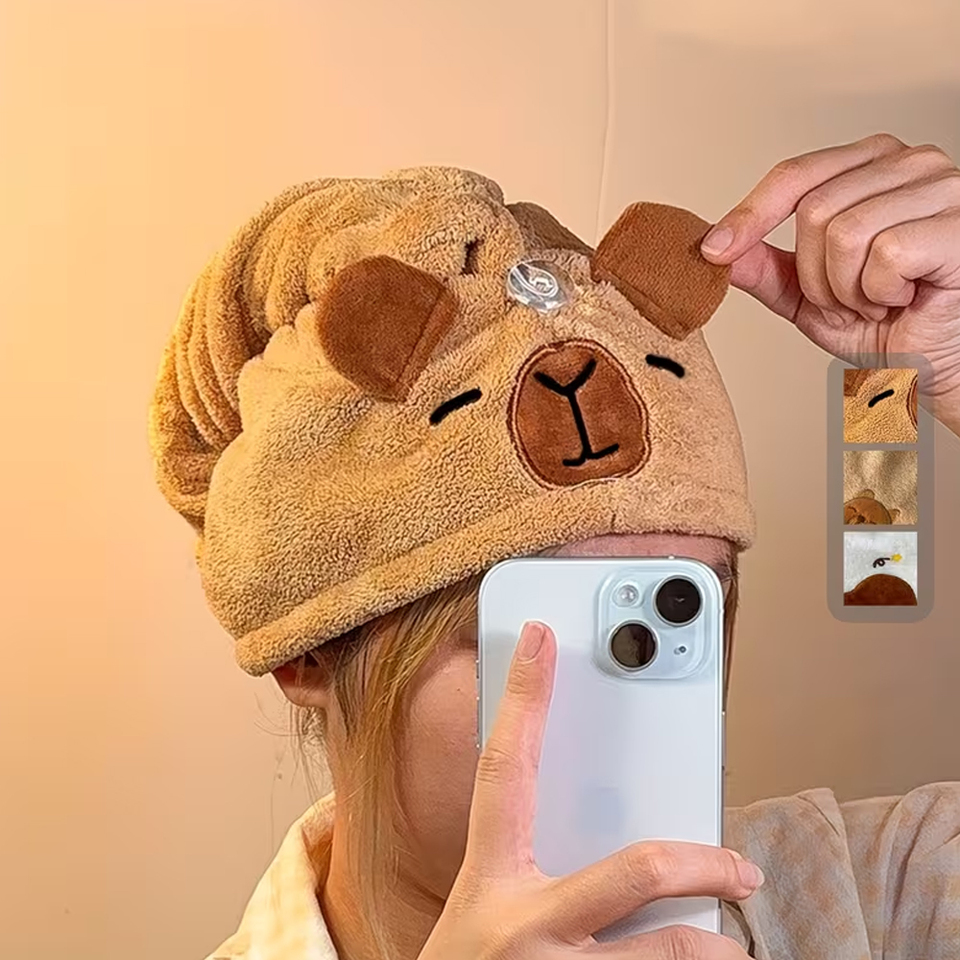  Cute Cartoon Capybara-Shaped Hair Drying Cap, Women's Coral Velvet Shower Cap, Strong Water Absorption, Quick Drying, Warm and Comfortable 