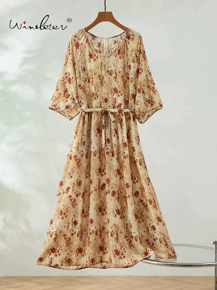 

Winsleter-100%Real Silk Double Crepe Elegant Dress, V Neck Printed, Women French Temperament Dresses, 2026 Summer New D66116CC