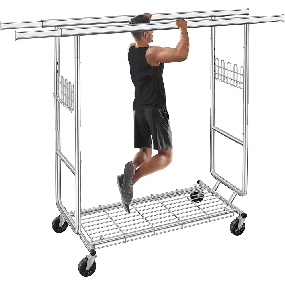 

Sturdy Double Rod Rolling Clothes Rack with Adjustable Hanging and Shelves, 900lbs Capacity, Silver Stainless Steel
