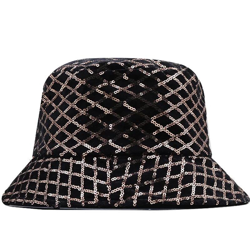 

Sequins Glitter New Bucket Woman Hat Girl Fisherman Hat Folded Windproof Panama Hats Female