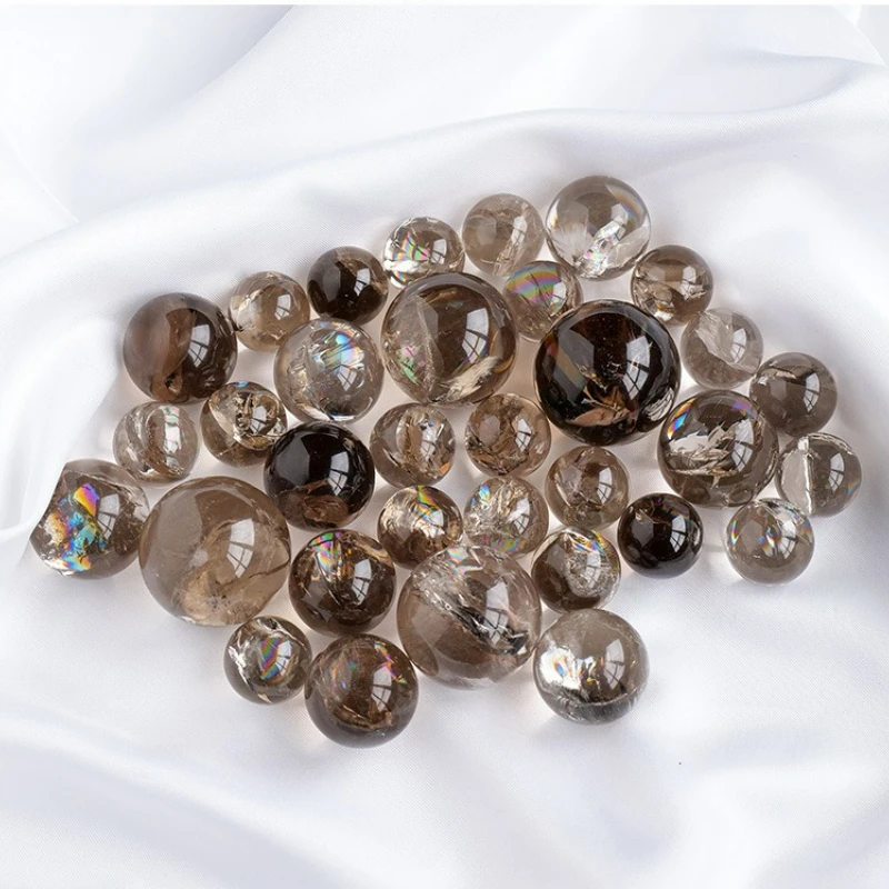 1.2-3.2cm Natural Tea Crystal Ball Rainbow Smokey Quartz Mini Ball Mine Crystal Smokey Burst Color Sphere Healing Decor Gift